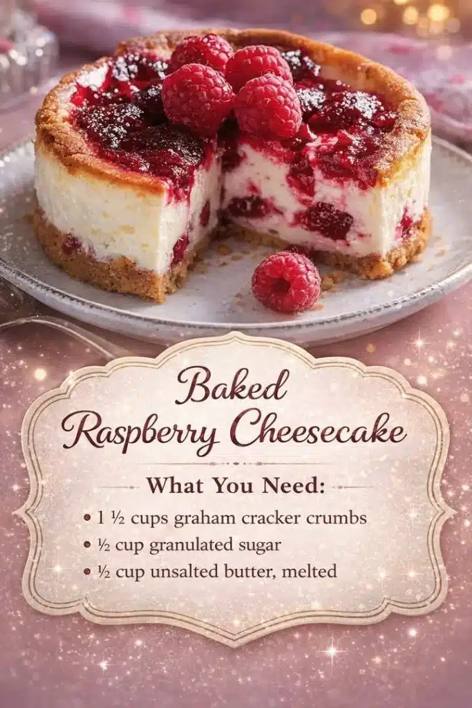A slice of baked raspberry cheesecake topped with fresh raspberries on a white plate