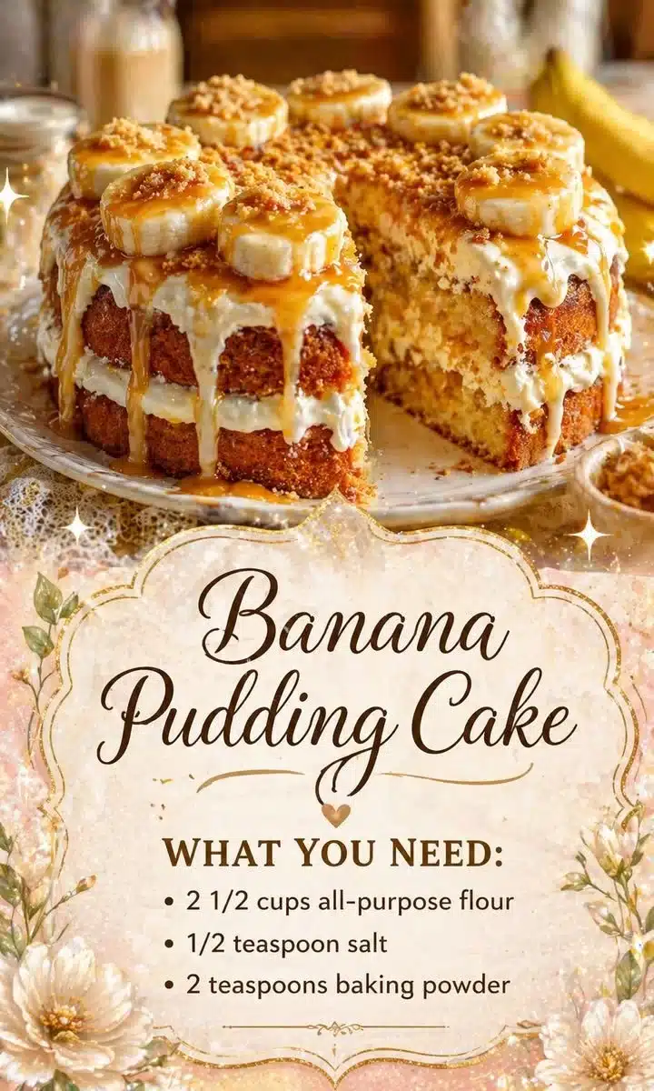 Delicious Banana Pudding Cake with creamy layers and banana slices