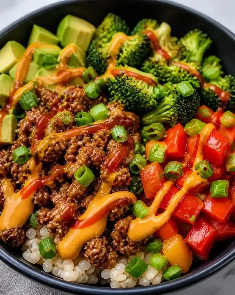 Delicious Bang Bang Bowls featuring Ground Turkey and colorful vegetables.
