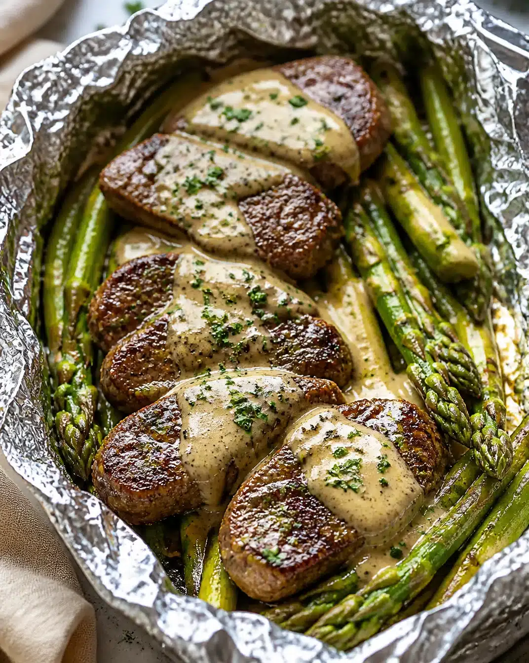 Beef and asparagus foil packets ready for grilling, showcasing vibrant colors and flavors.