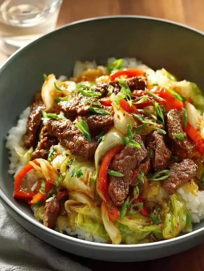 Beef and cabbage skillet stir-fry garnished with green onions.