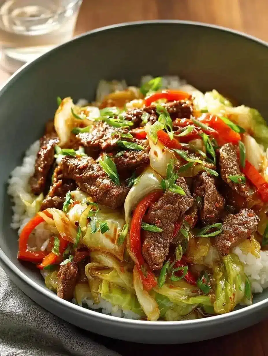 Beef and cabbage skillet stir-fry garnished with green onions.