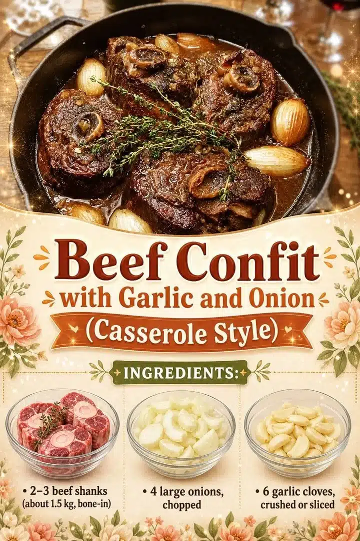 Delicious beef confit with garlic and onion served in a casserole dish