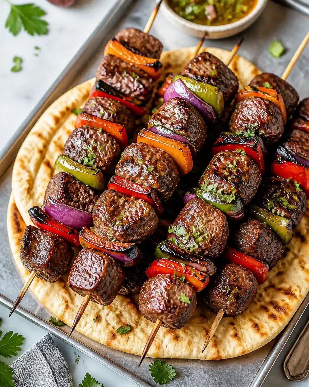 Beef Kabobs 1 Grilled beef kabobs on a skewer with colorful vegetables