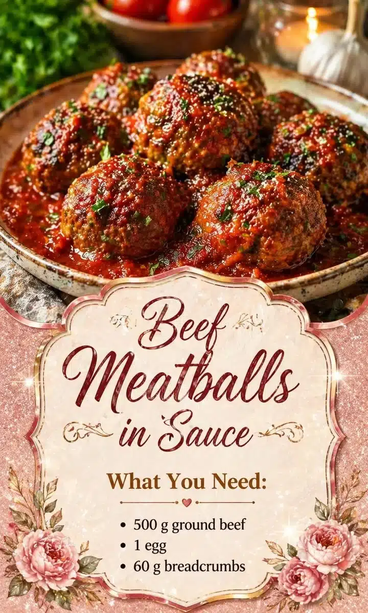 Delicious beef meatballs simmered in flavorful sauce