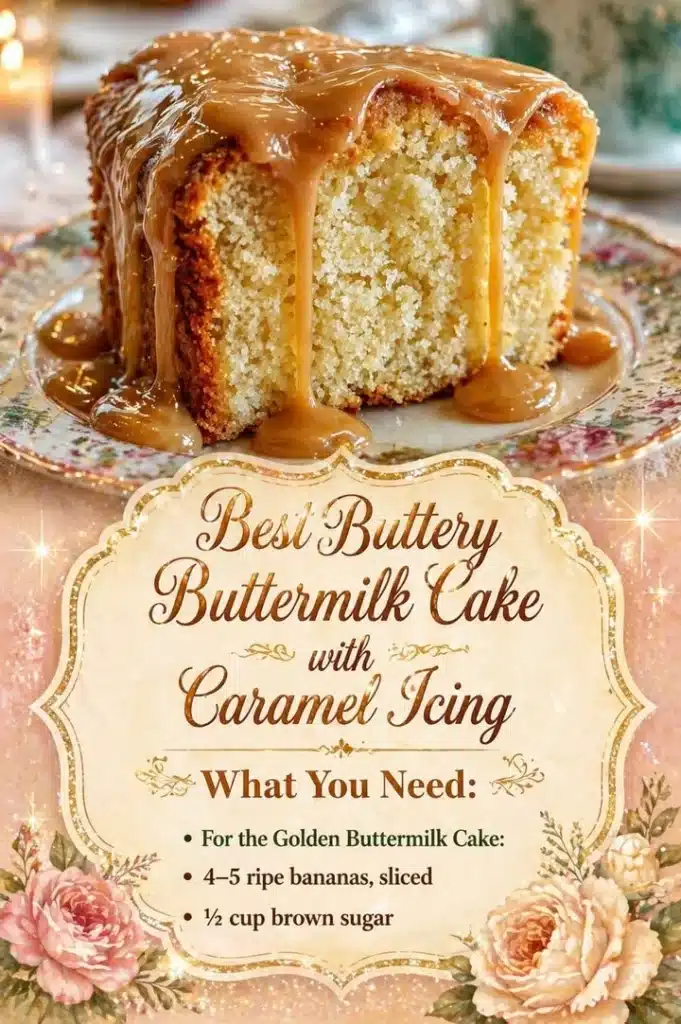 Delicious buttery buttermilk cake with caramel icing on a white plate