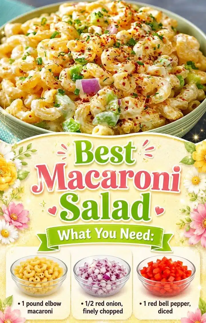 Delicious bowl of the best macaroni salad with colorful vegetables and creamy dressing