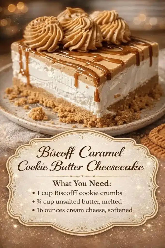 Slice of Biscoff caramel cookie butter cheesecake topped with cookie crumbles