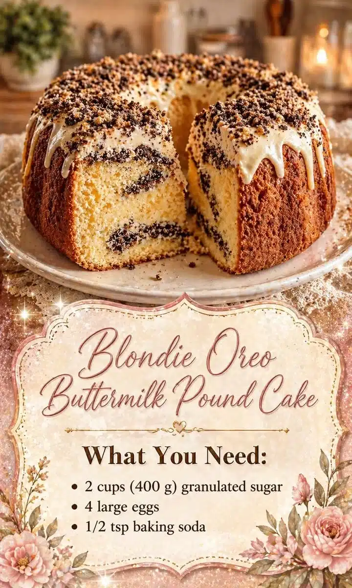 Blondie Oreo Buttermilk Pound Cake slice on a plate