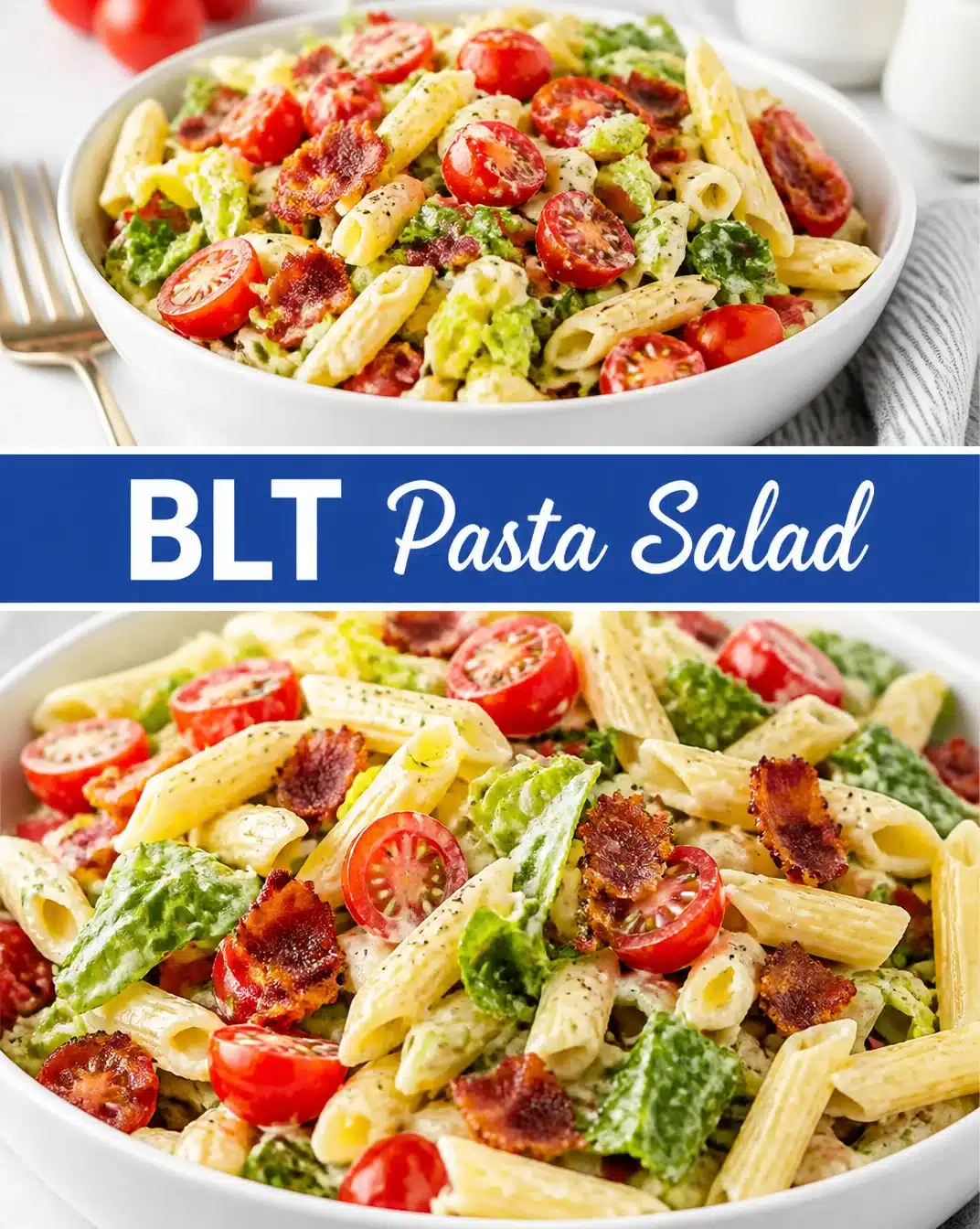 BLT Pasta Salad 1 A bowl of BLT Pasta Salad with fresh lettuce, tomatoes, and bacon.