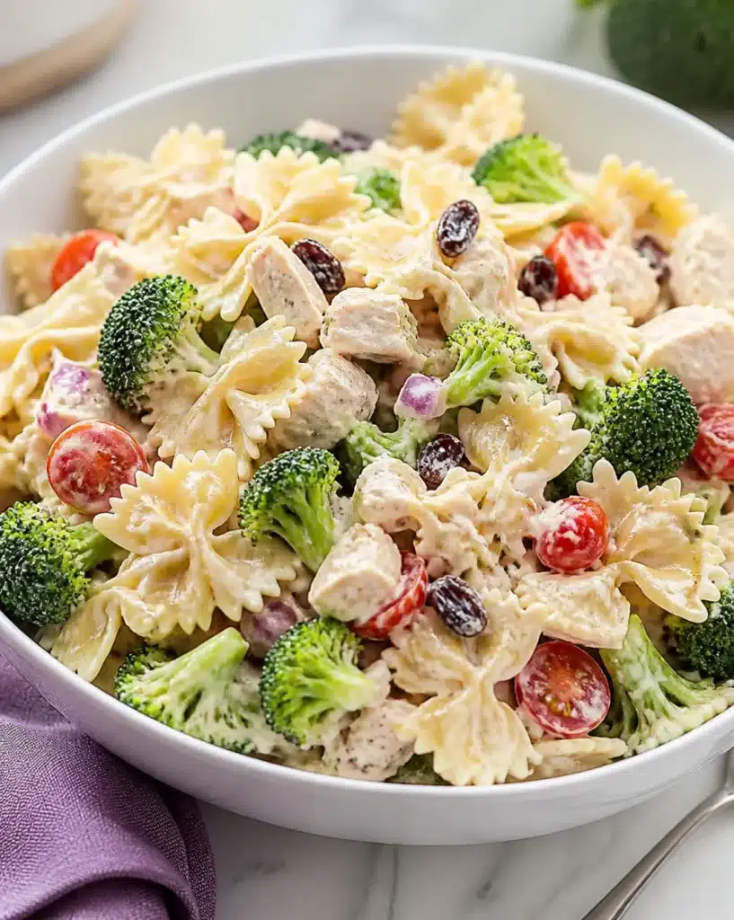 Broccoli chicken pasta salad with vegetables and a creamy dressing