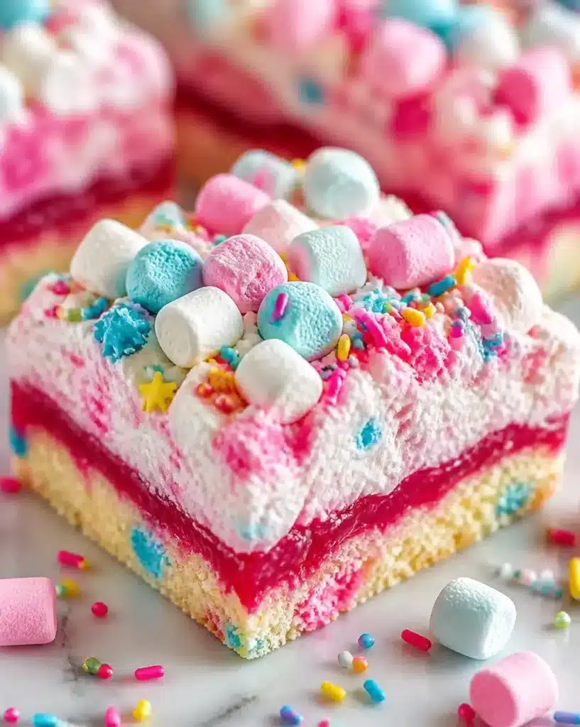 Delicious bubblegum cloud dessert squares topped with colorful sprinkles