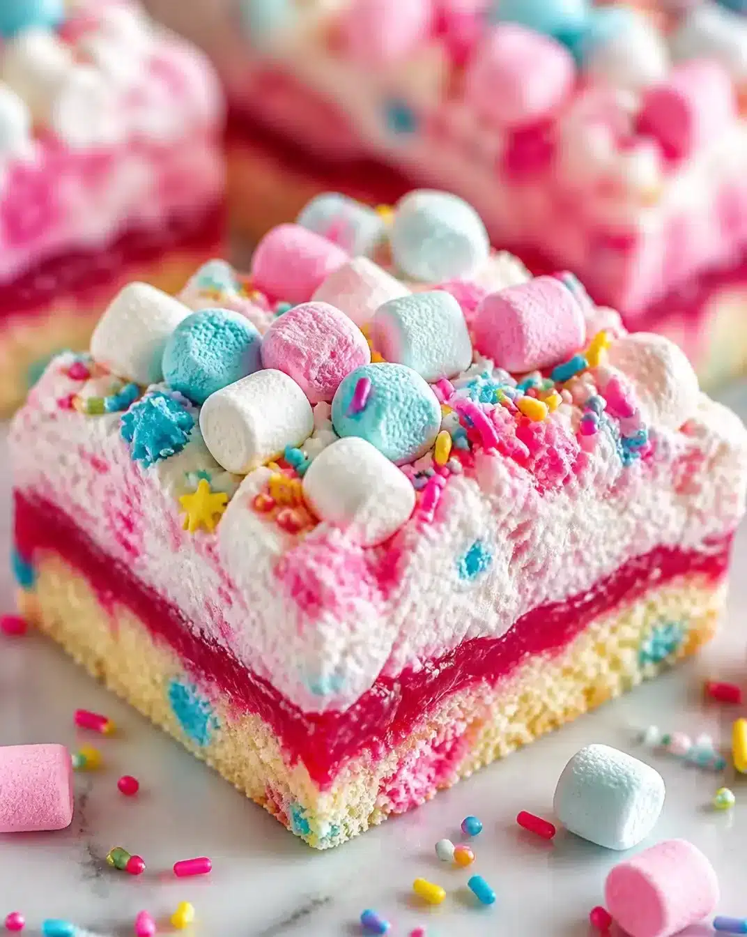 Delicious bubblegum cloud dessert squares topped with colorful sprinkles