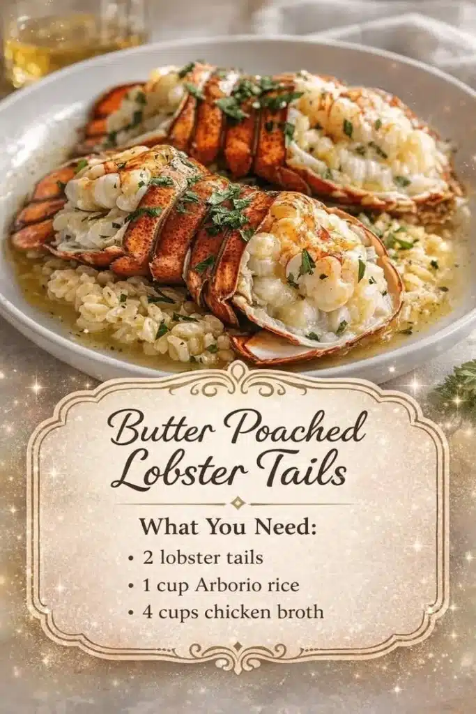 Plate of butter poached lobster tails garnished with herbs