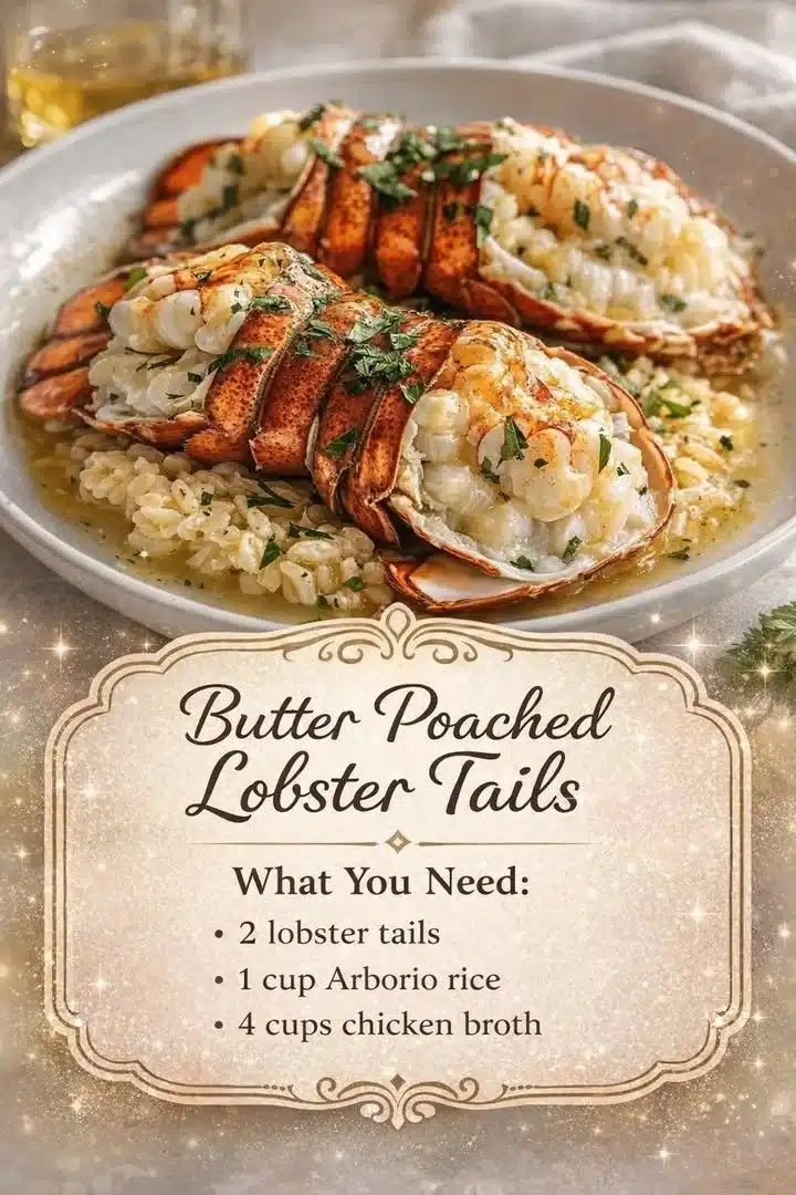 Plate of butter poached lobster tails garnished with herbs