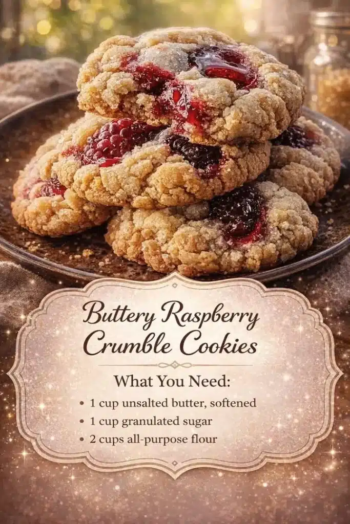 Buttery raspberry crumble cookies topped with a crunchy crumble and fresh raspberries.