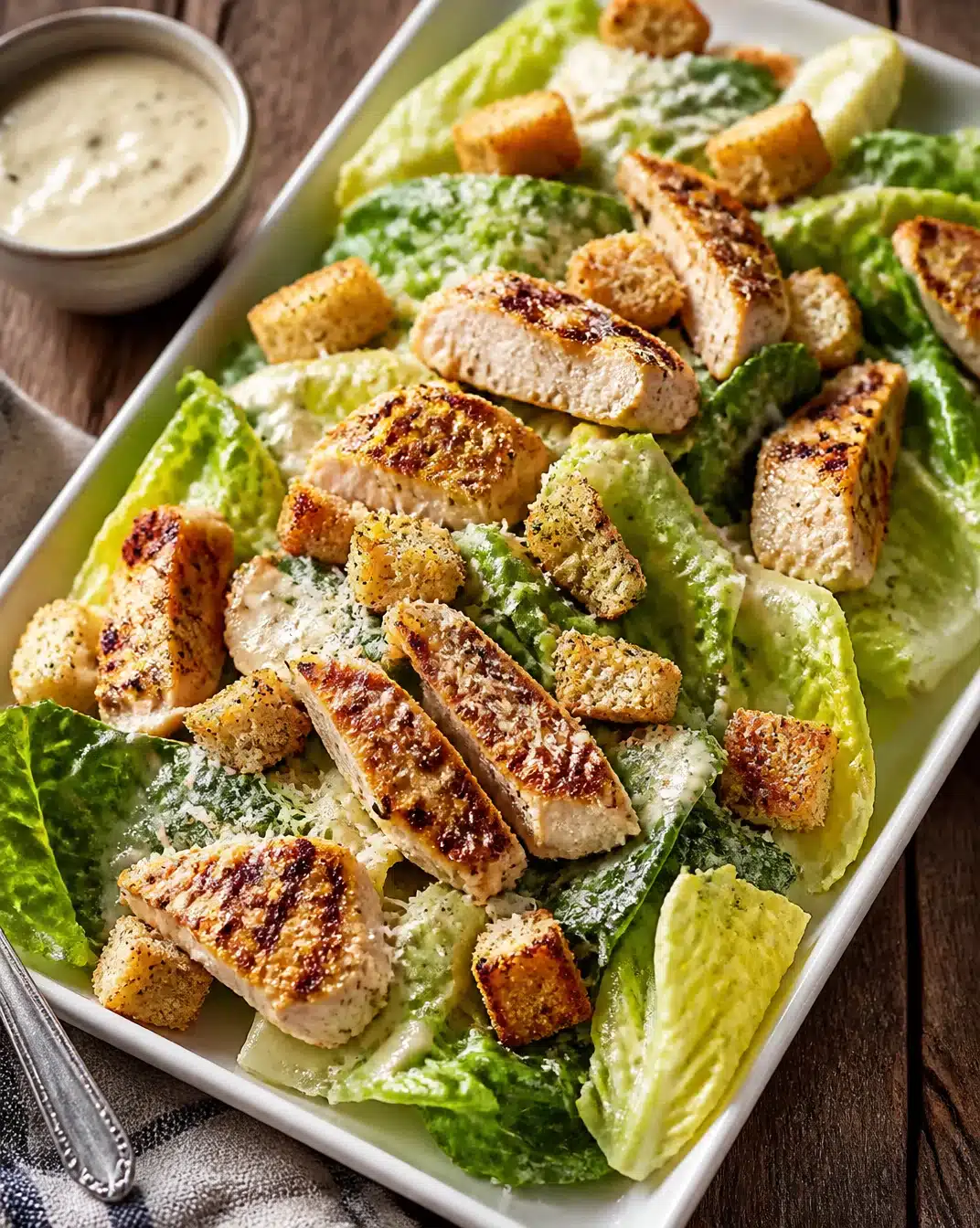 Caesar Salad with Grilled Chicken, romaine lettuce, and Parmesan cheese.