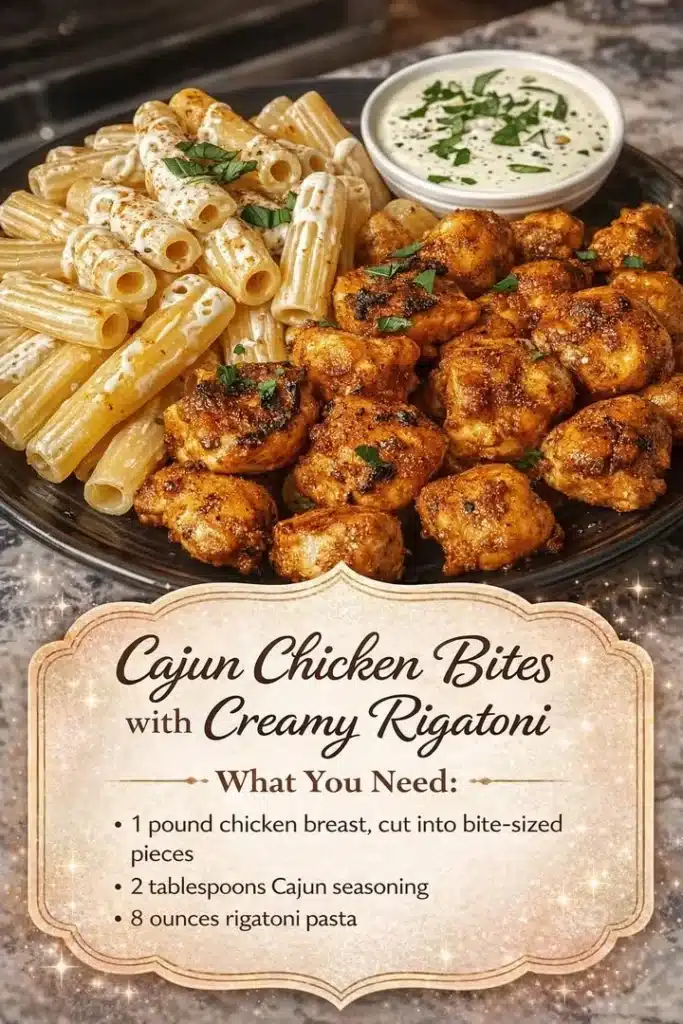 Cajun Chicken Bites served with creamy rigatoni pasta