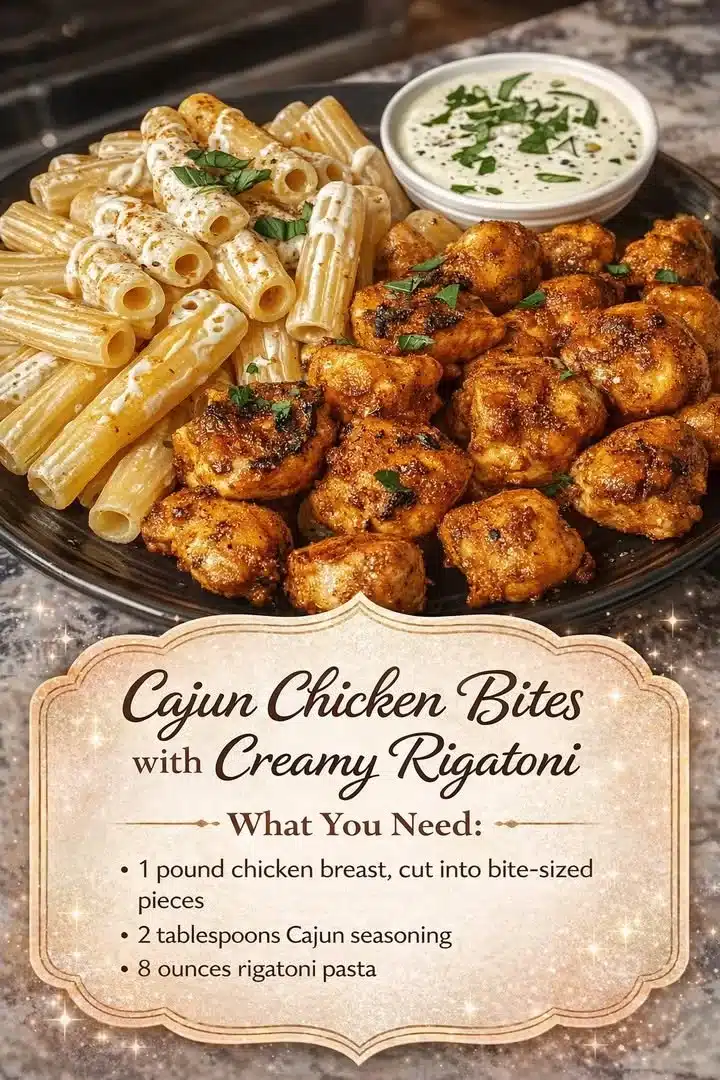 Cajun Chicken Bites served with creamy rigatoni pasta