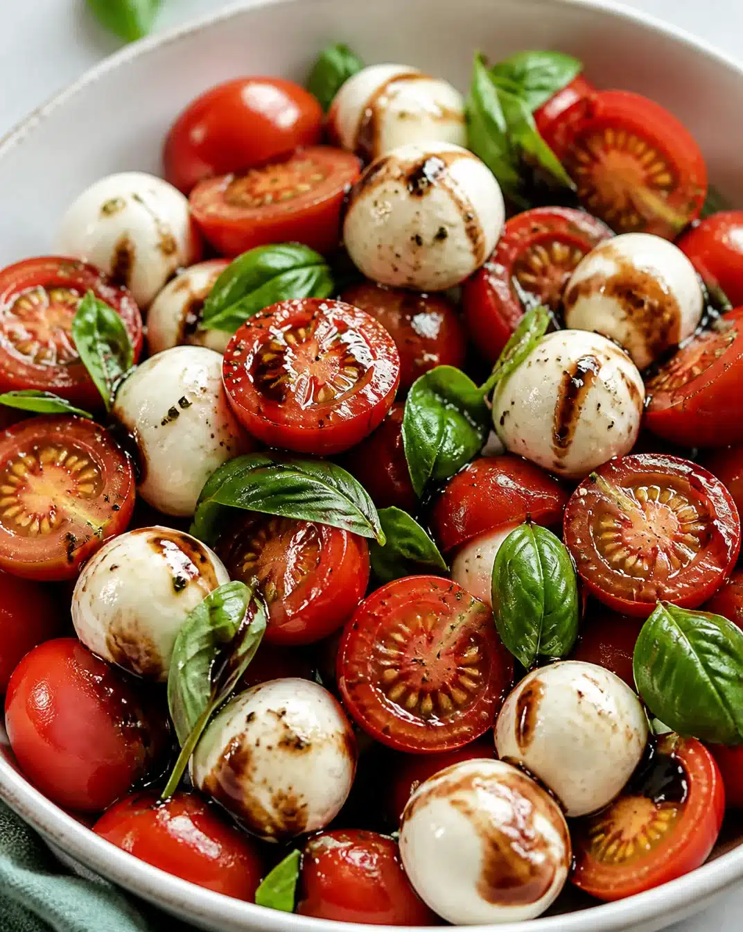 Fresh Caprese Salad with tomatoes, mozzarella, and basil drizzled with balsamic vinegar