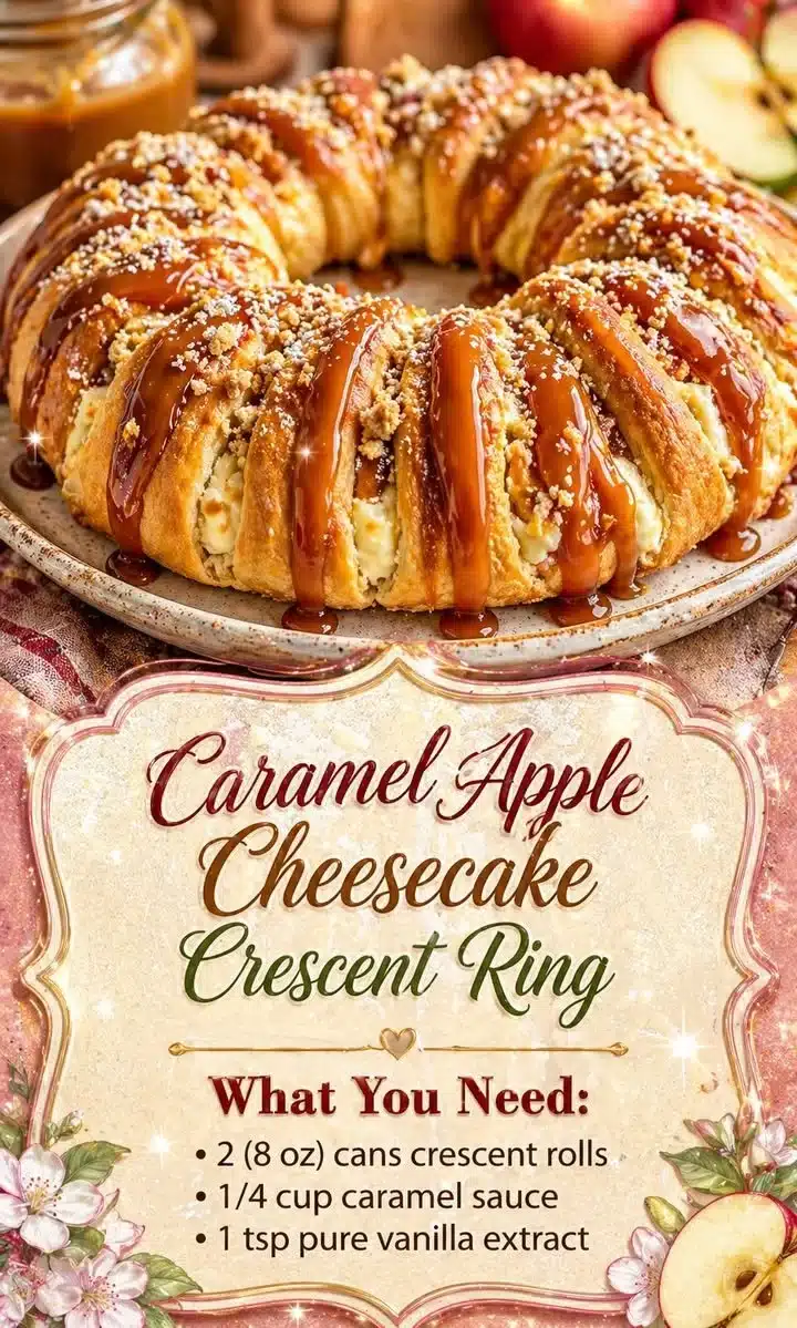 Caramel Apple Cheesecake Crescent Ring decorated with caramel drizzle and apple slices