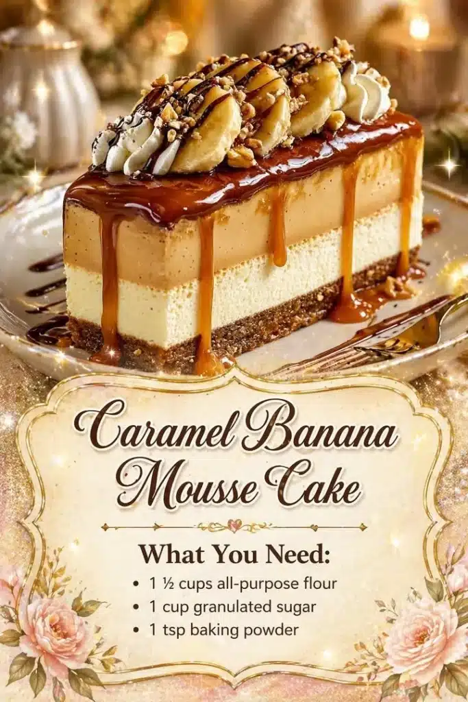 Delicious Caramel Banana Mousse Cake with layers of caramel and banana