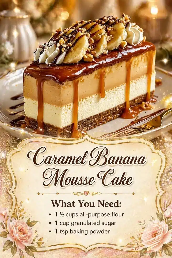 Delicious Caramel Banana Mousse Cake with layers of caramel and banana