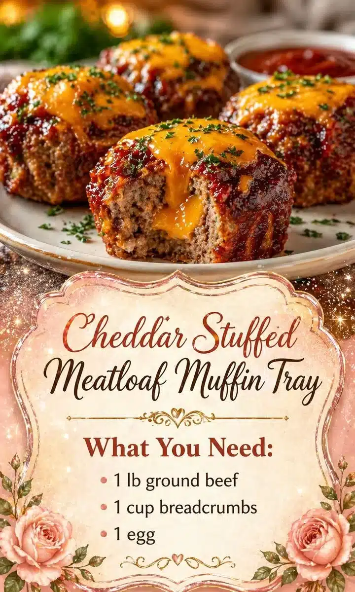 Cheddar stuffed meatloaf muffins in a tray, perfect for a tasty meal.