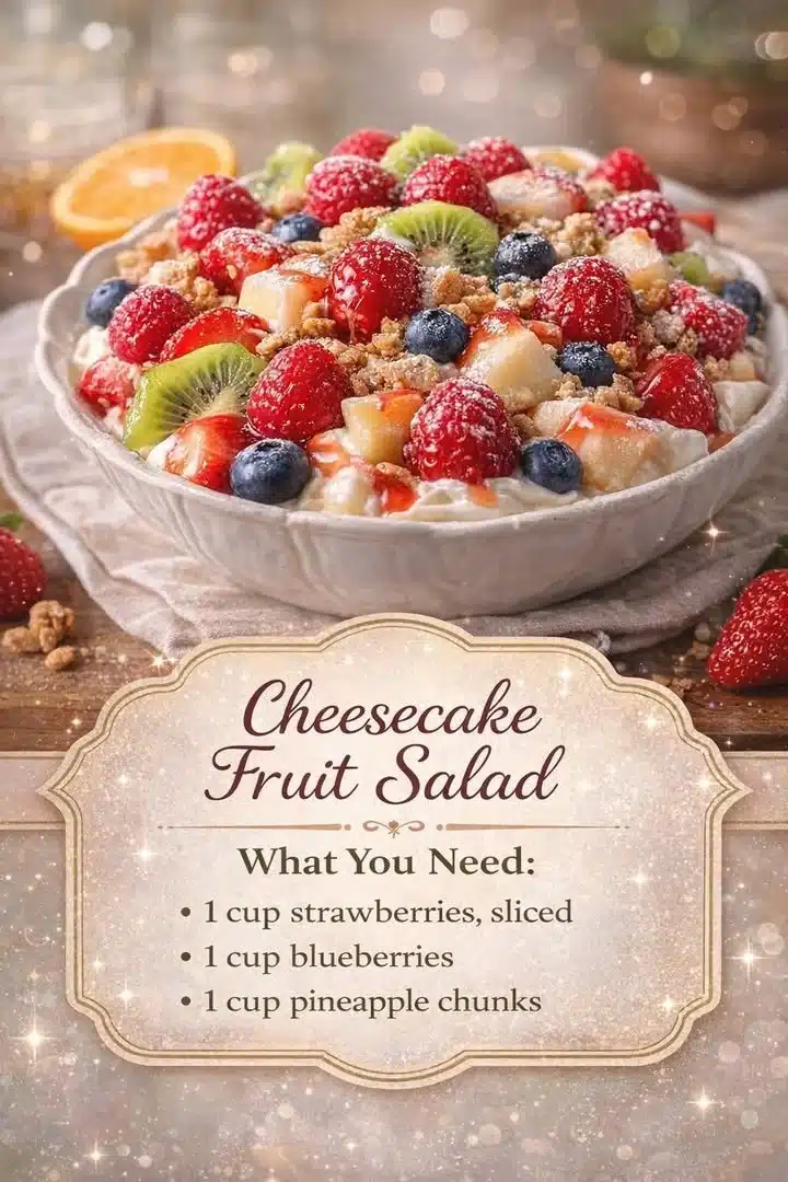 Delicious cheesecake fruit salad topped with fresh berries and drizzled with cream.