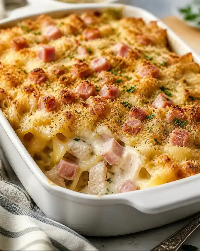 Cheesy Chicken Cordon Bleu Casserole topped with melted cheese and crunchy breadcrumbs.