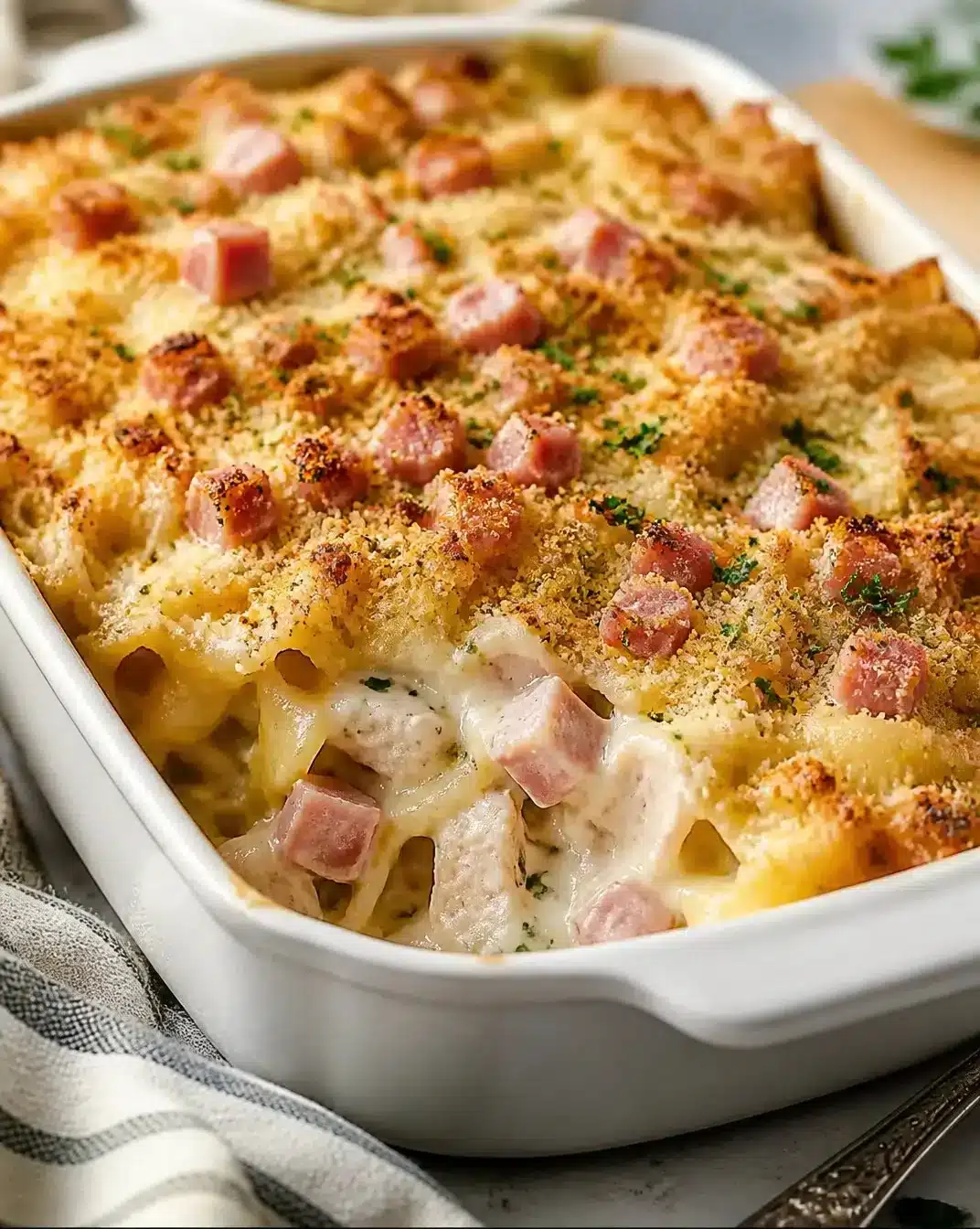 Cheesy Chicken Cordon Bleu Casserole topped with melted cheese and crunchy breadcrumbs.