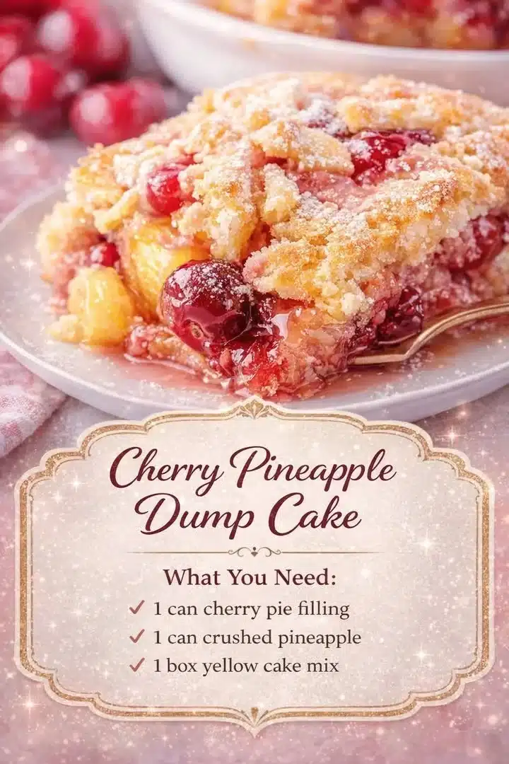 Slice of Cherry Pineapple Dump Cake topped with whipped cream