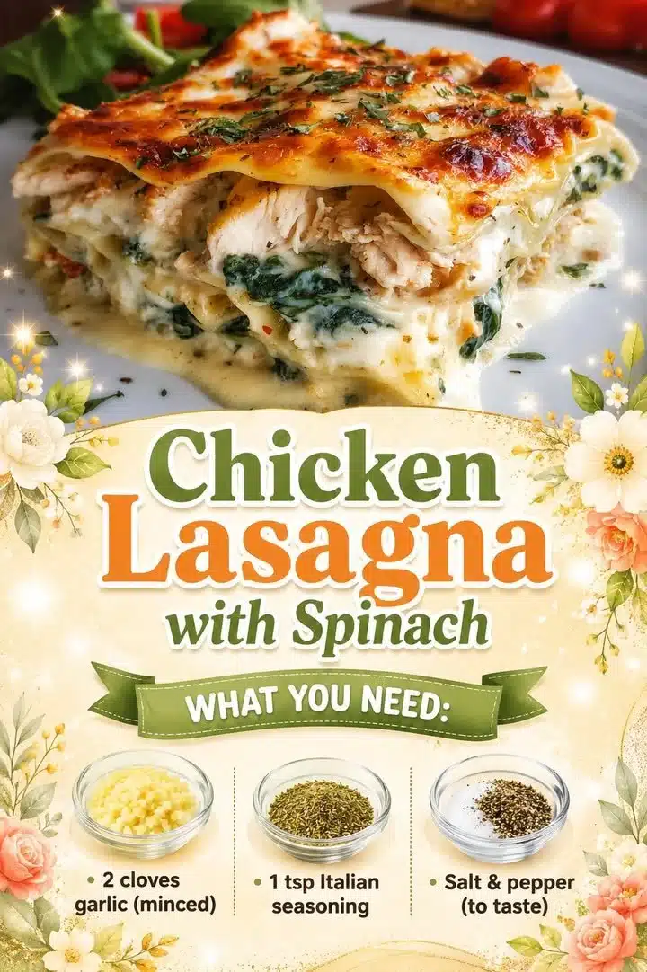 Chicken Lasagna with Spinach 1 Chicken lasagna with spinach served on a plate