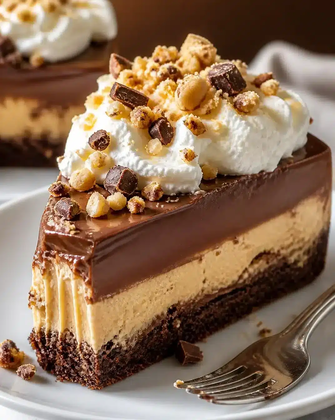 Delicious layered Chocolate Peanut Butter Dessert served in a clear dish