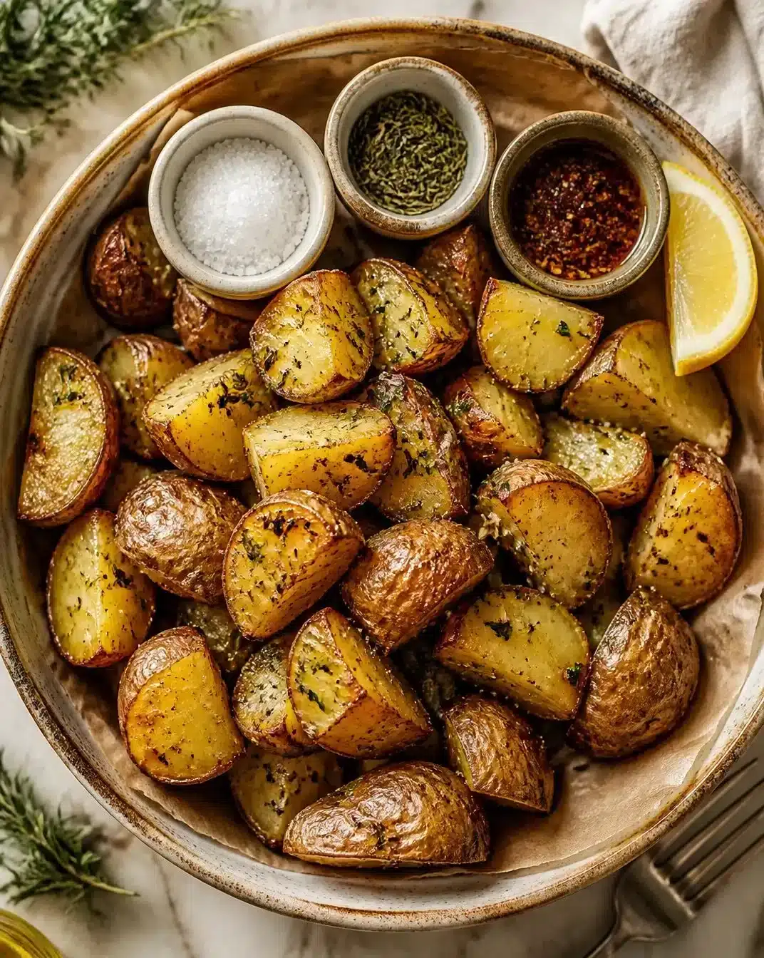 Bowl of chopped potatoes seasoned with sea salt ready to serve.