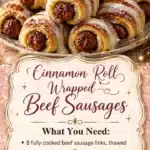 Cinnamon roll wrapped beef sausages on a plate, drizzled with icing.