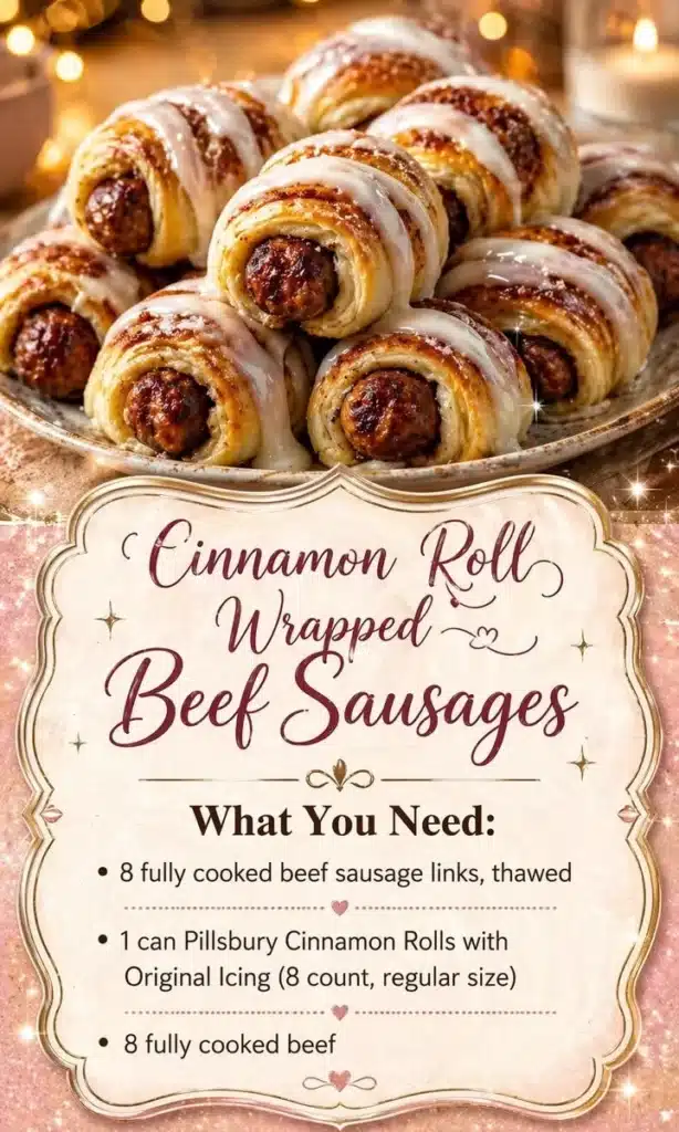 Cinnamon roll wrapped beef sausages on a plate, drizzled with icing.