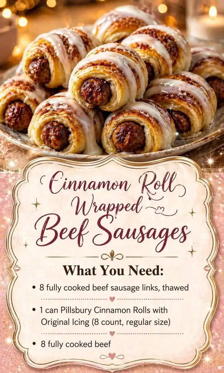 Cinnamon roll wrapped beef sausages on a plate, drizzled with icing.