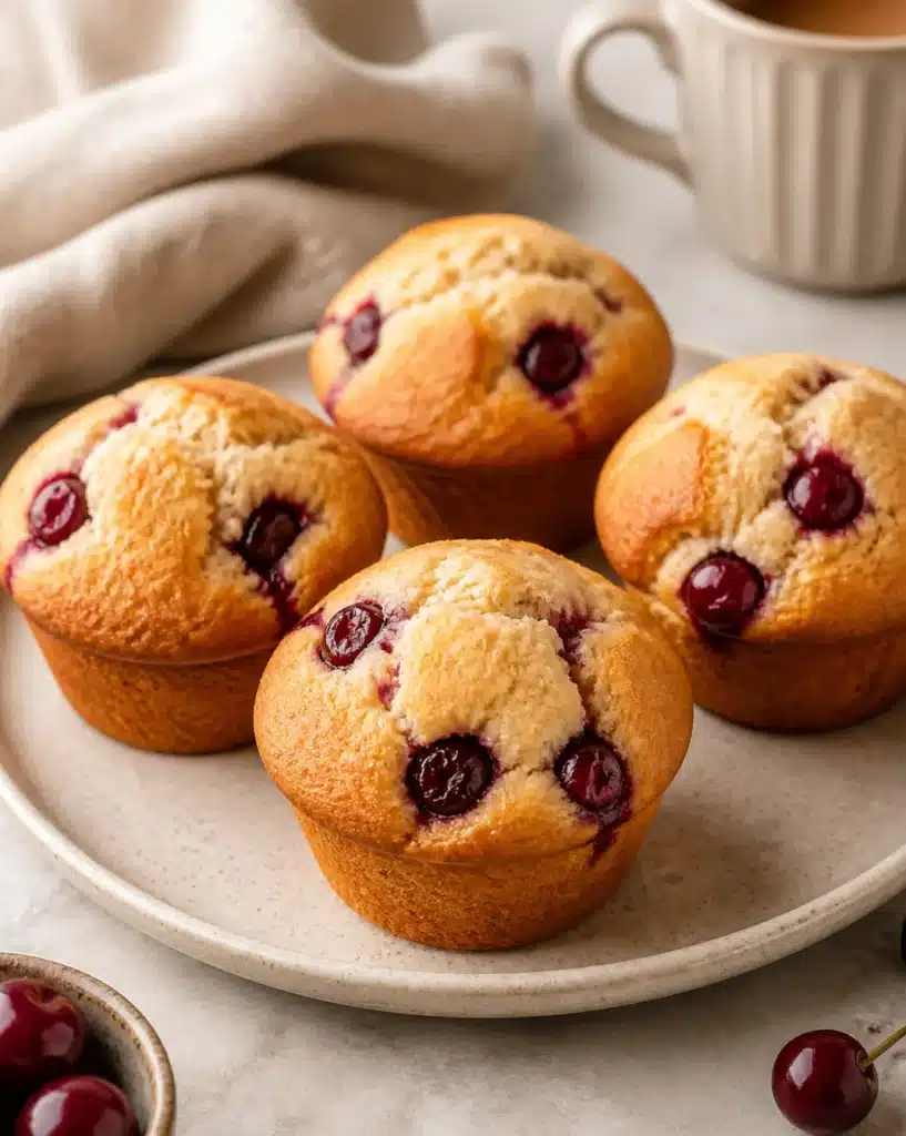 Freshly baked classic cherry muffins with vibrant cherries on top