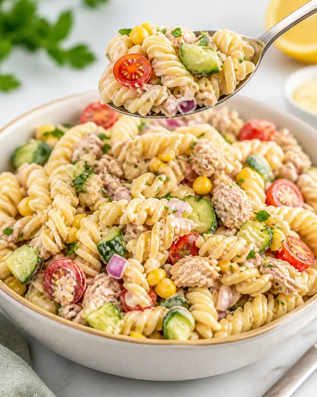 A bowl of classic tuna pasta salad with vegetables and dressing