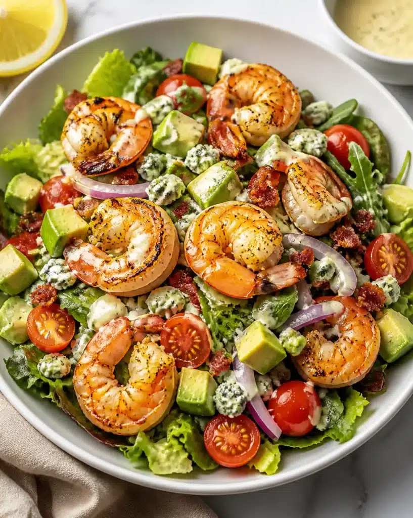 Cobb Salad topped with grilled shrimp, fresh vegetables, and bold dressing