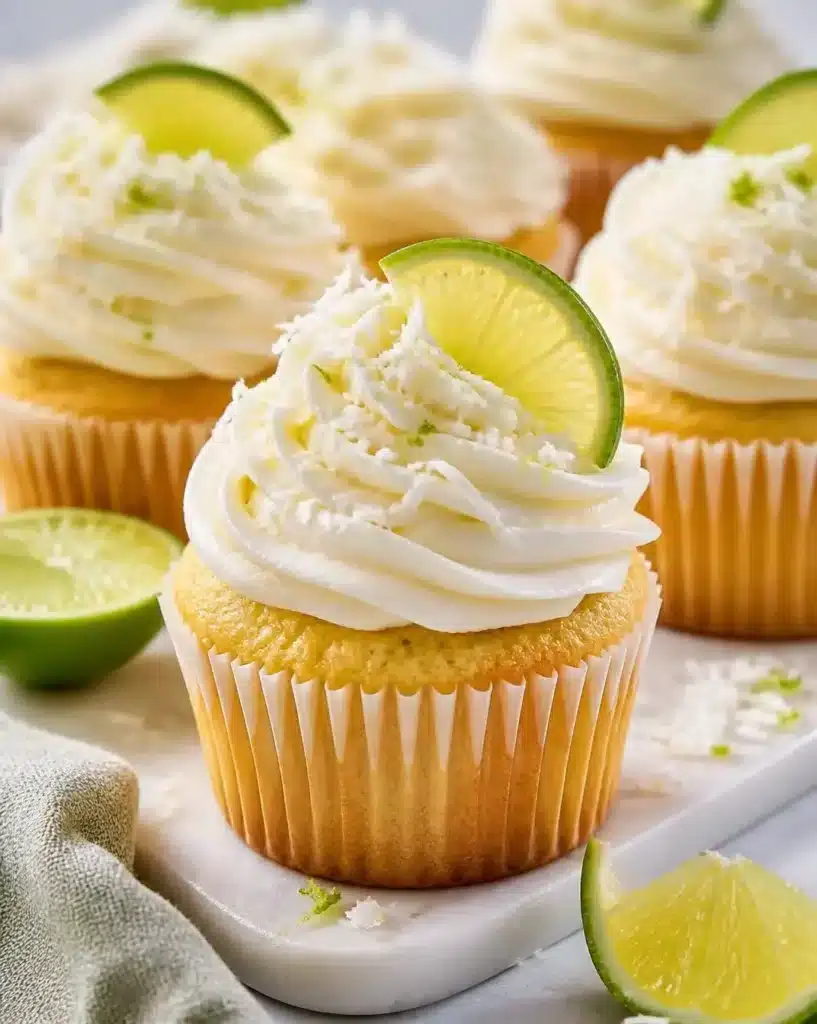 Delicious coconut cupcakes topped with lime buttercream frosting on a decorative plate.