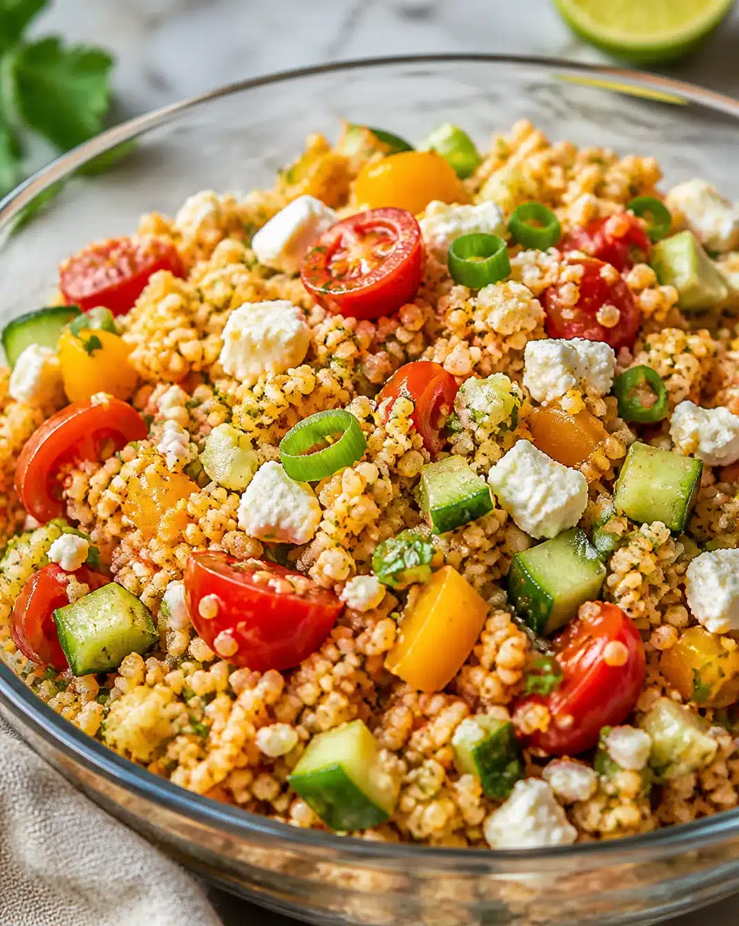 Couscous salad with feta, vegetables, and herbs in a bowl