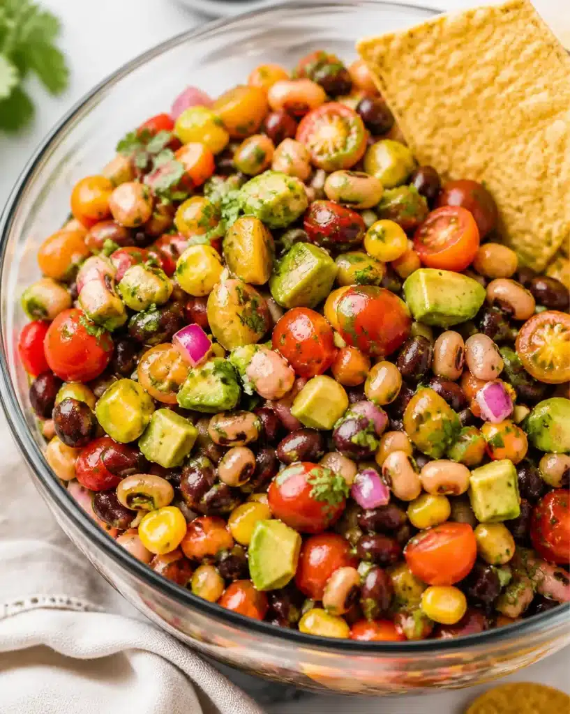 A colorful bowl of cowboy caviar with beans, corn, and vegetables