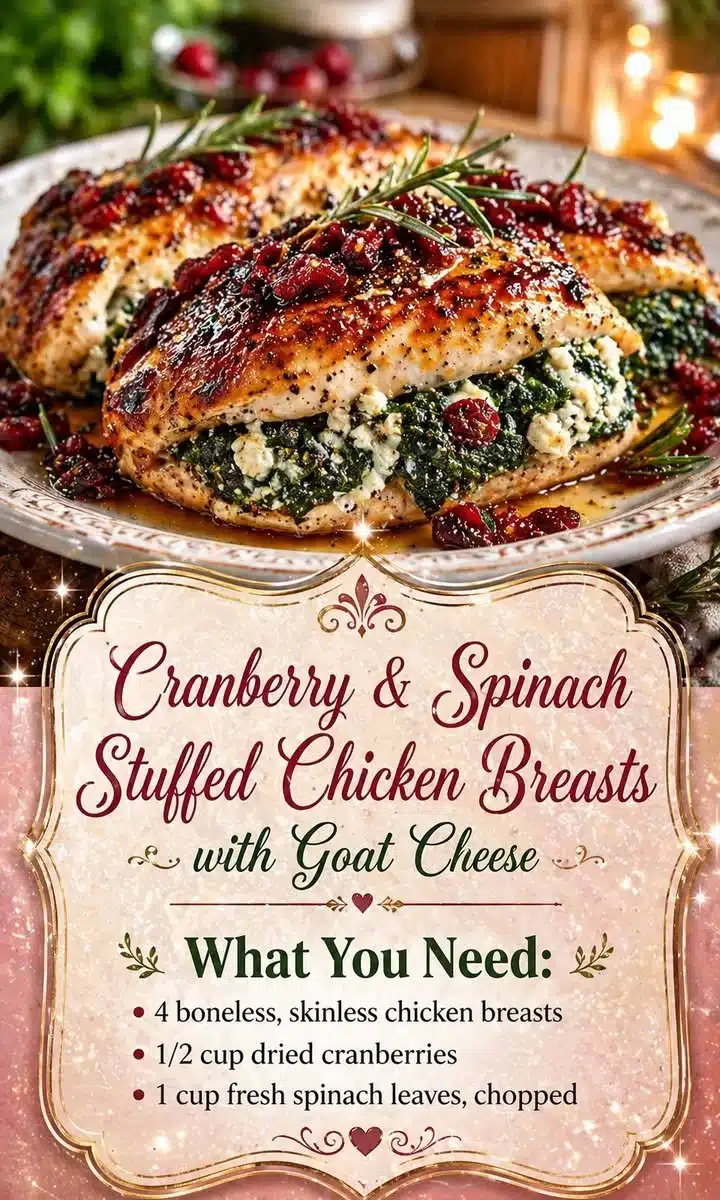 Cranberry and spinach stuffed chicken breasts with goat cheese on a plate