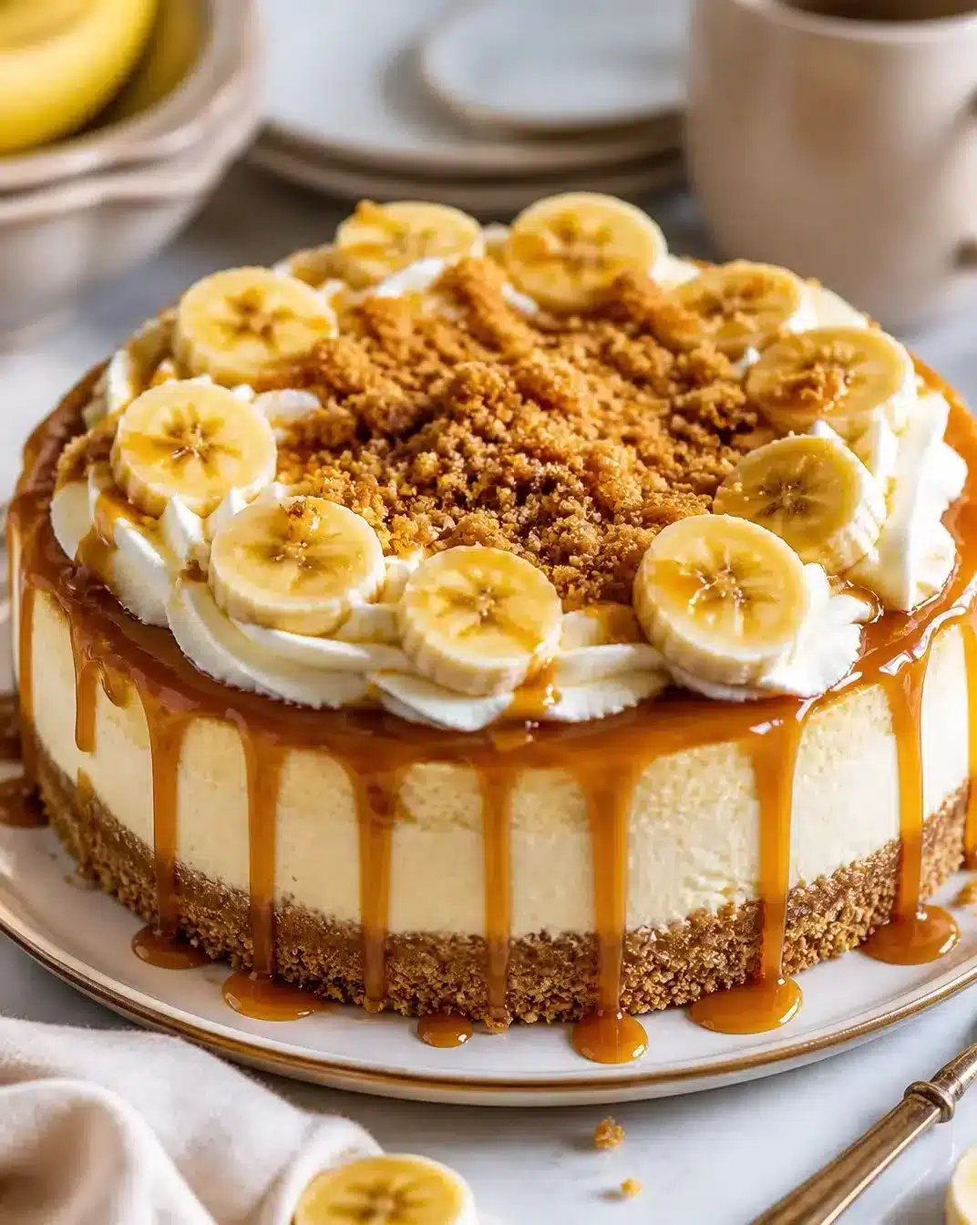 Creamy banana pudding cheesecake topped with whipped cream and banana slices.