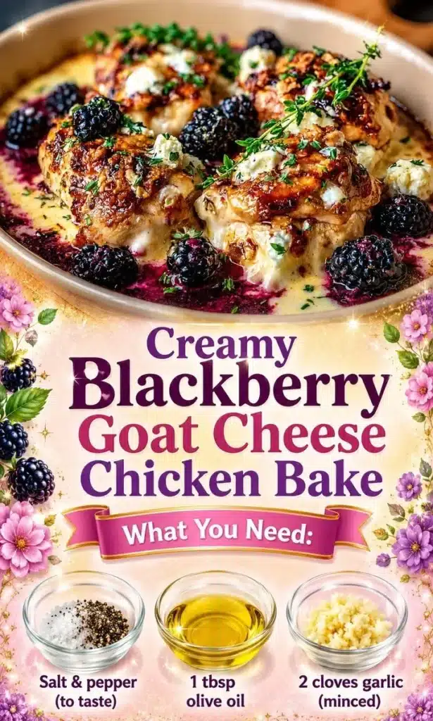 Creamy blackberry goat cheese chicken bake topped with fresh berries and herbs