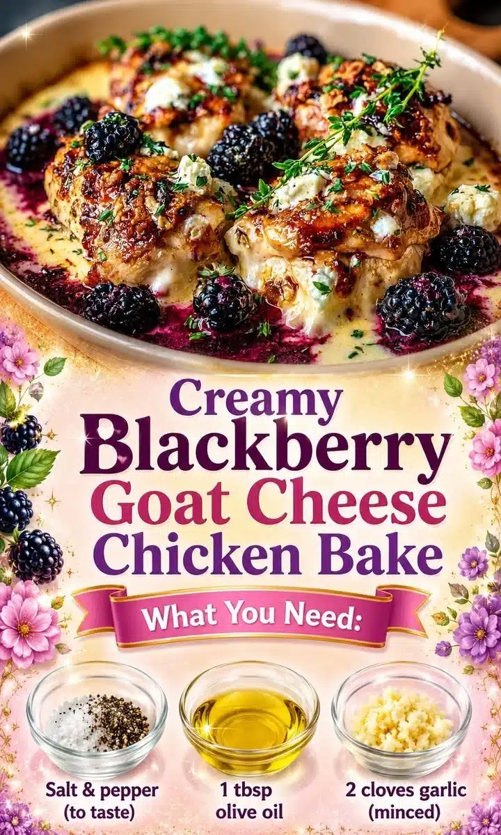 Creamy blackberry goat cheese chicken bake topped with fresh berries and herbs