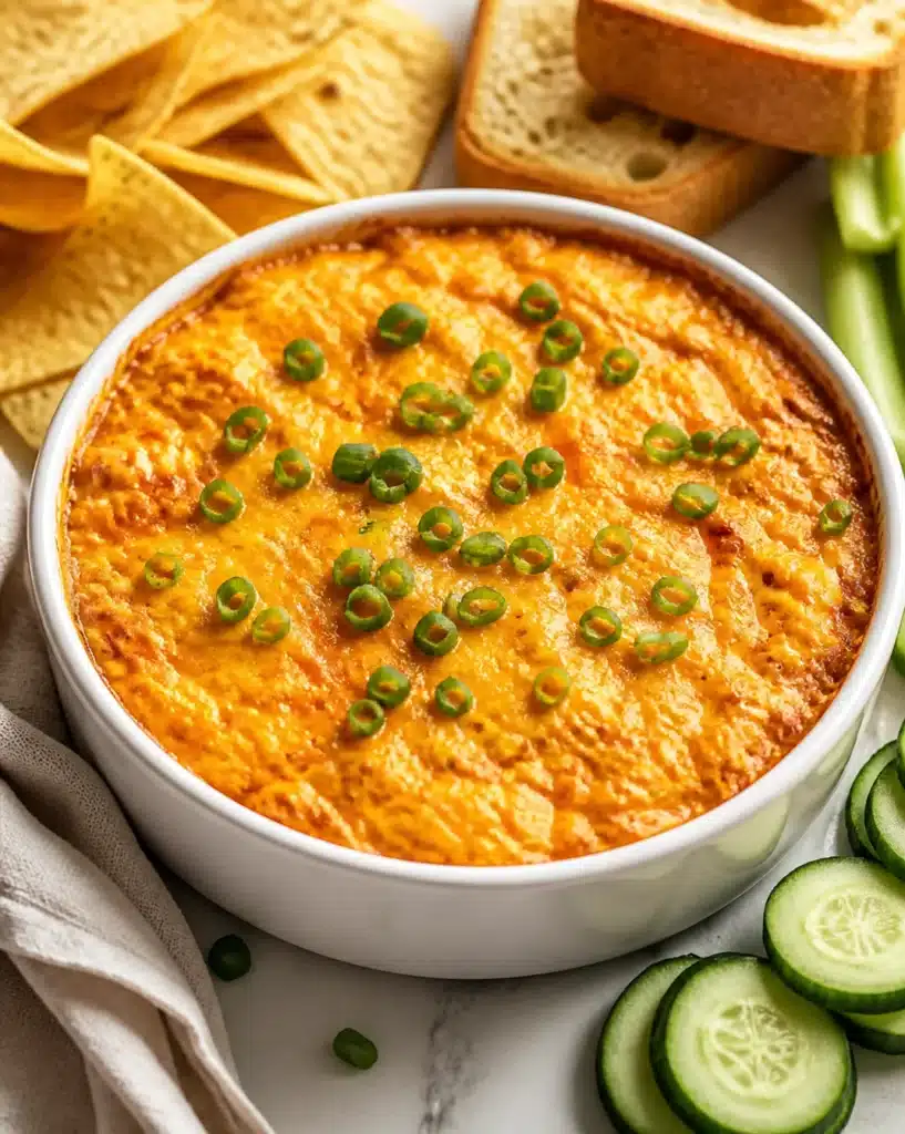 Creamy Buffalo Chicken Dip served in a bowl with tortilla chips