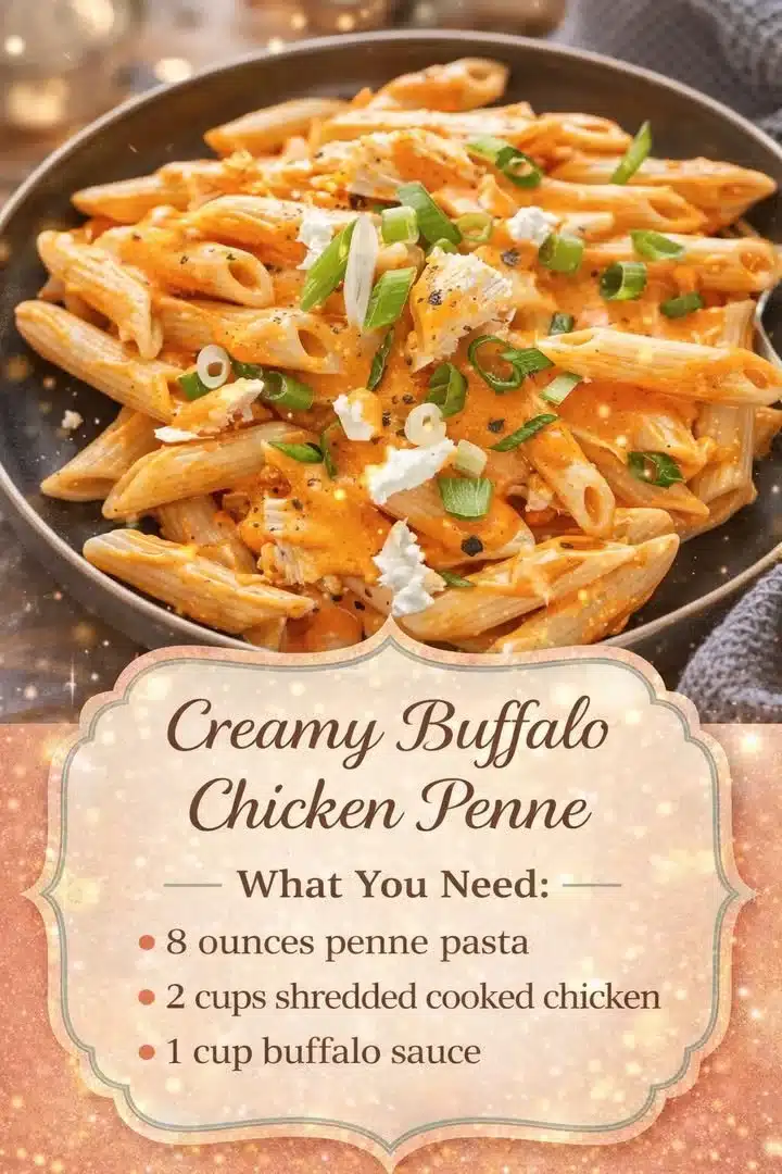 Creamy Buffalo Chicken Penne 1 Creamy Buffalo Chicken Penne dish with chicken and pasta in spicy sauce